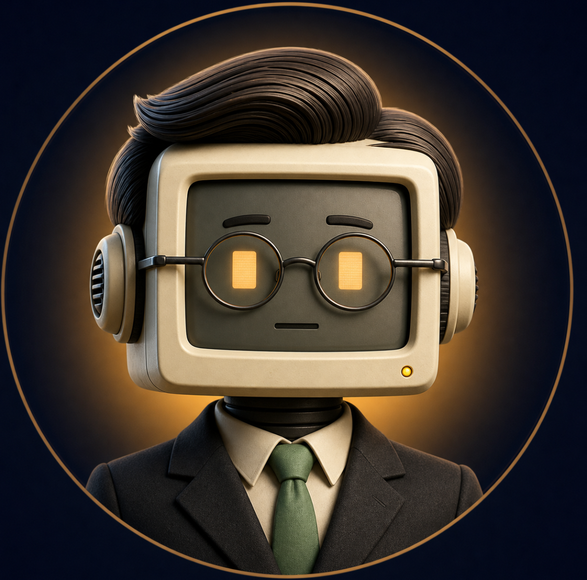 KARL.exe, a retro office robot with round glasses and a green tie